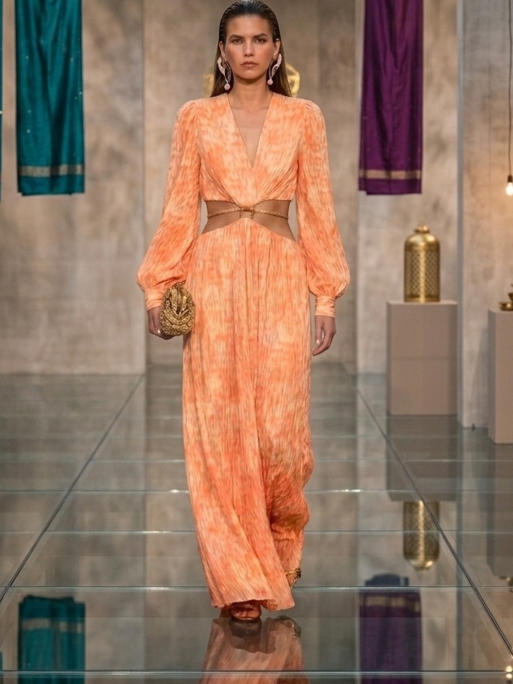 New  Jonathan Simkhai  abstract floral print dress waist cut-outs gown